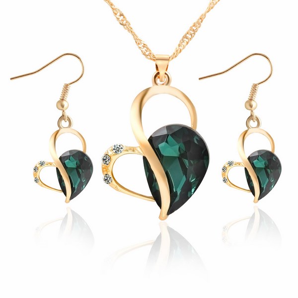 Set náušnice a náhrdelník Gold Heart - zelený