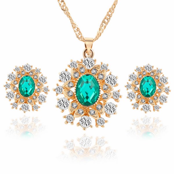 Vykladaný set náušnice a náhrdelník zlatý Sun - zelený